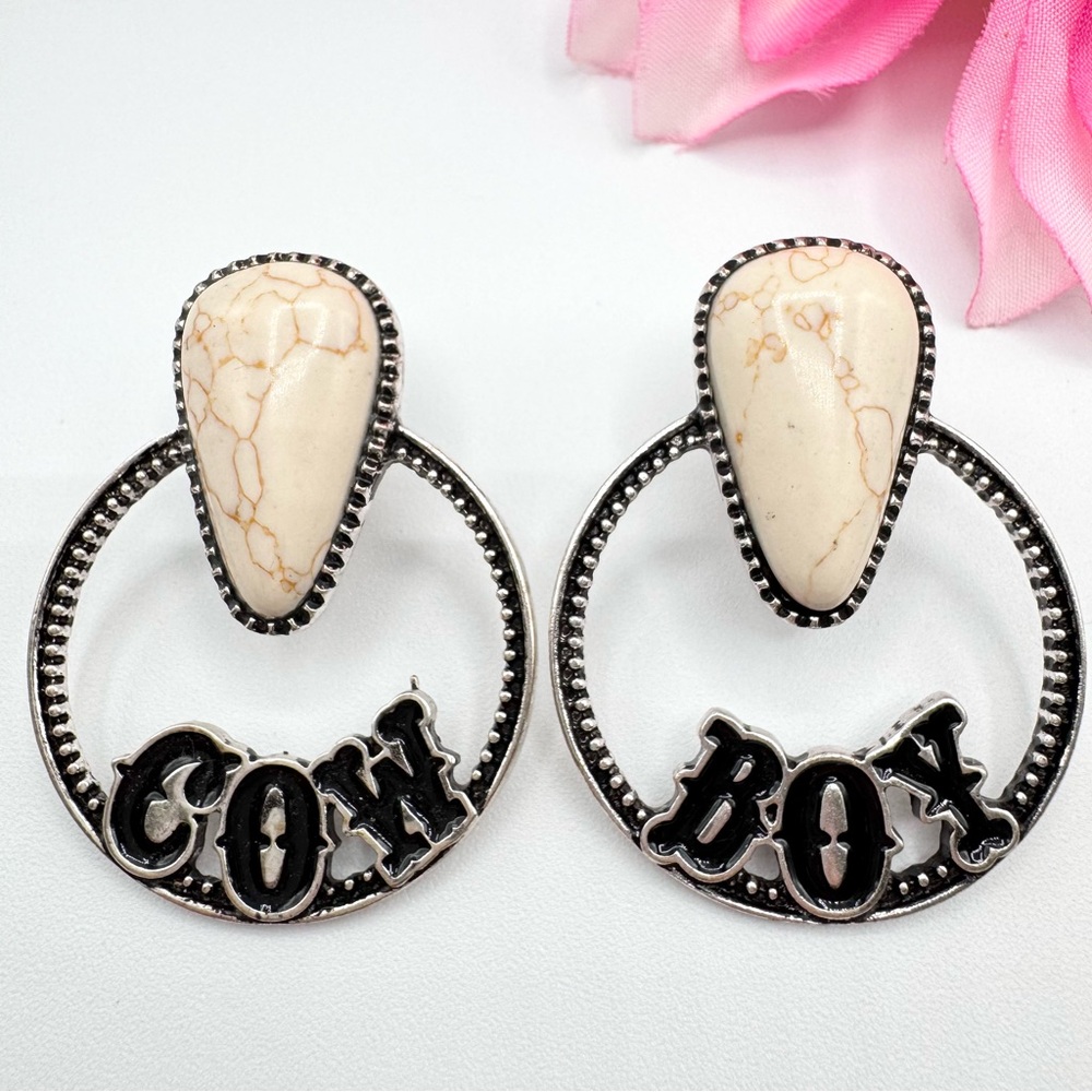 Western Cowboy Hoop Drop Earrings Howlite Southwestern Cowgirl Boho Bohemian